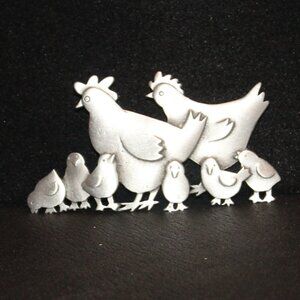 Vintage JJ Jonette Jewelry Pewter Hen & Chicks Brooch Pin Chicken Farm